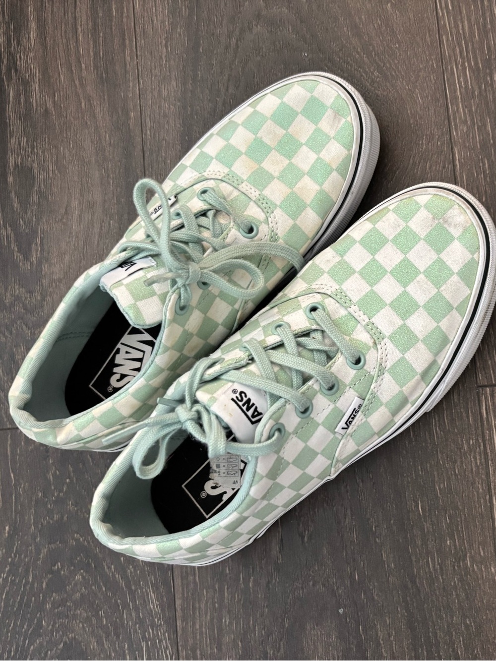 Vans Checkerboard Low Top Sneakers in Glittery Mint Green & White